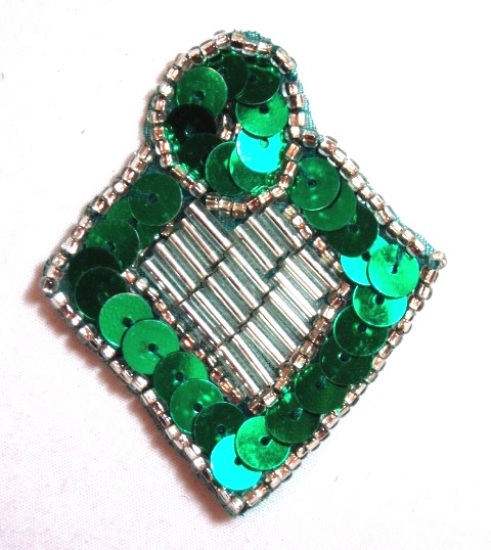 K1194  Kelly Green and Silver Diamond Sequin Beaded Applique  2.25"