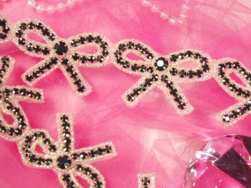 0481 Black Silver Beaded Bow Appliques or Trim 1.75"