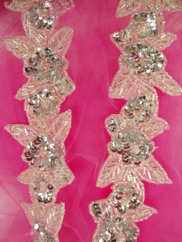 0255  Silver  Floral Beaded Trim 2.25"