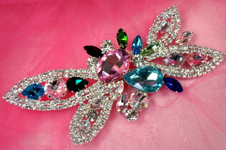TS78 Silver Glass Multi Color Rhinestone Applique Embellishment  5.75"