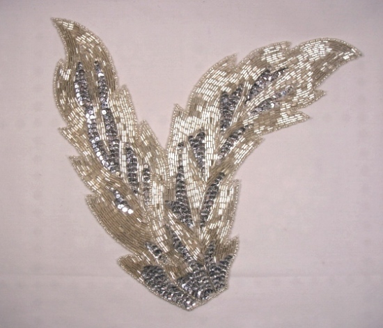 K8408  Silver Leaf Designer Sequin Beaded Applique 11"