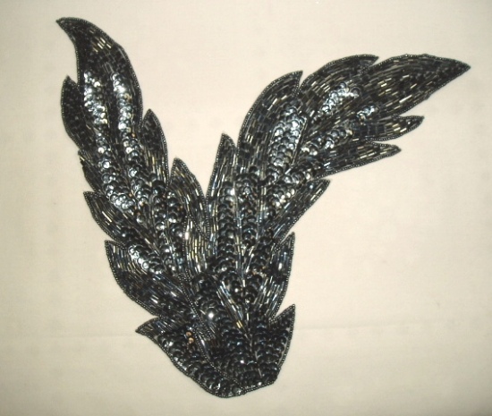 K8408  Gunmetal Leaf Designer Sequin Beaded Applique 11"