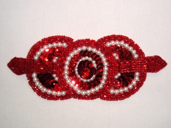 K1236   Red Pearl Sequin Beaded Applique  5.25"