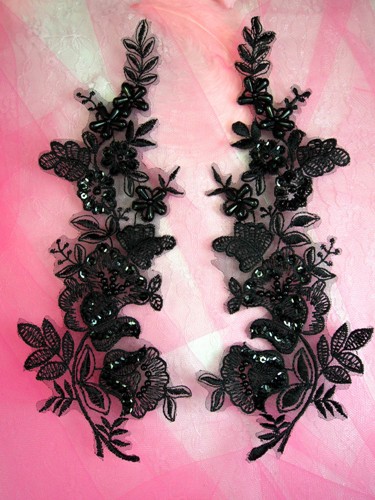 W3 Black Venice Lace Mirror Pair Beaded Sequin Appliques 10.5"