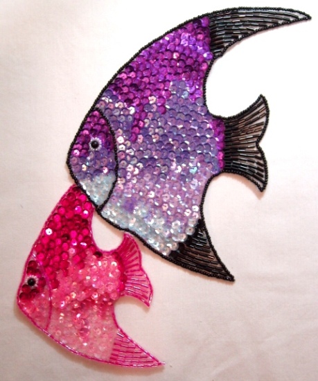 K9302  Fish 10" Sequin Beaded Applique Purple & Fuchsia