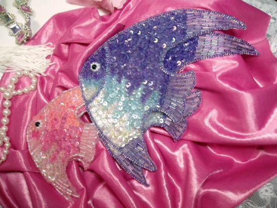 Fish 10" Sequin Beaded Applique Lavender & Pink K9302