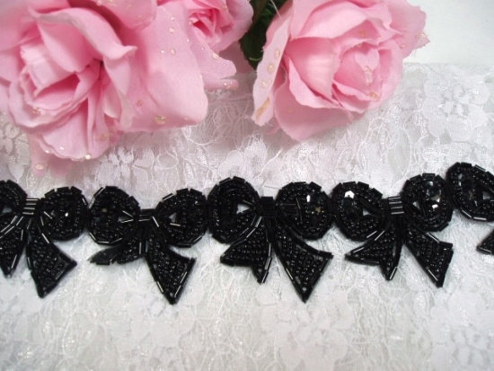 T8623  Black Bow Sequin Beaded Applique or Trim