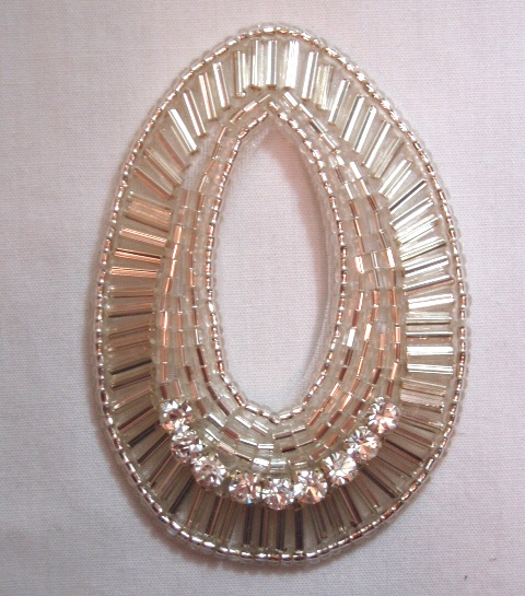 K1283  Silver Rhinestone Oval 2.5" Sequin Beaded Applique