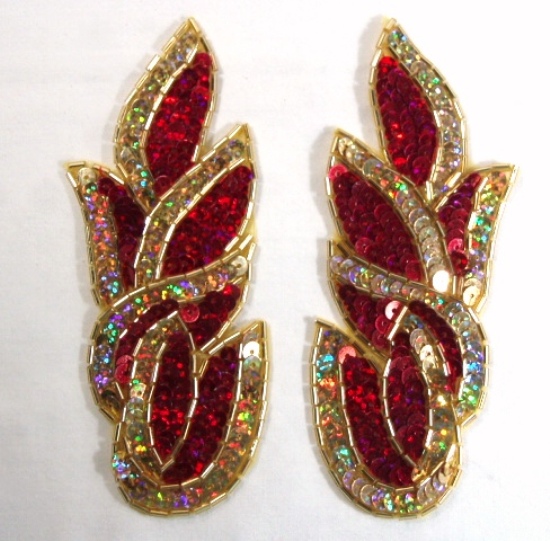 Red Gold Cluster 5.25" Mirror Pair Sequin Beaded Appliques 0171