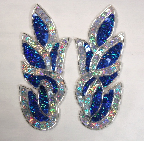 Blue Silver 5.25" Cluster  Mirror Pair Sequin Beaded Appliques 0171