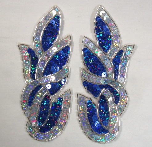 Blue Silver 5.25" Cluster  Mirror Pair Sequin Beaded Appliques 0171