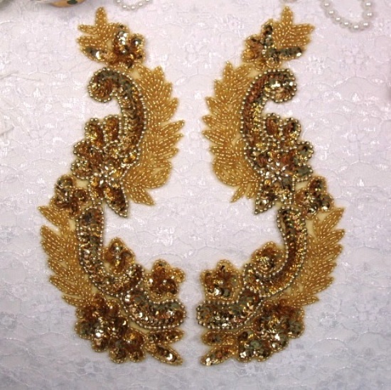 Gold  8"  Mirror Pair Sequin Beaded Appliques 0180