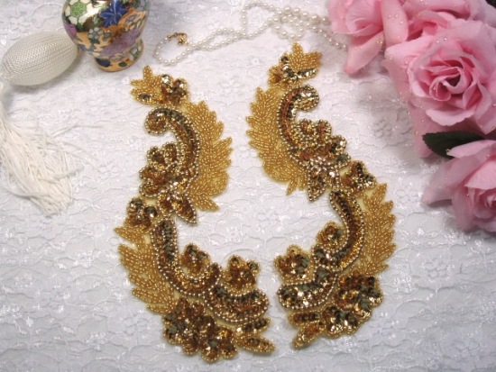 Gold  8"  Mirror Pair Sequin Beaded Appliques 0180