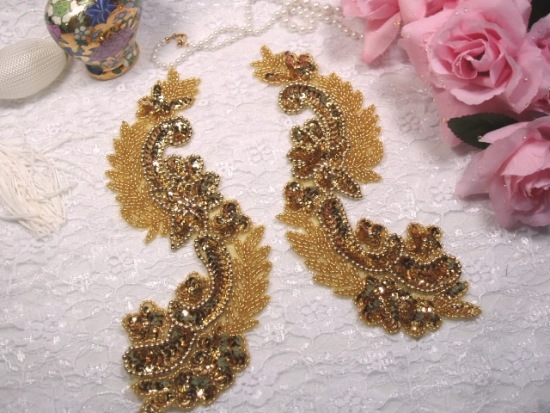Gold  8"  Mirror Pair Sequin Beaded Appliques 0180