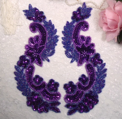 Purple 8"  Mirror Pair Sequin Beaded Appliques 0180
