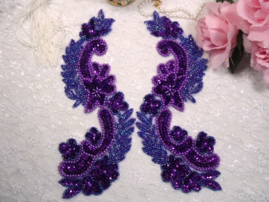Purple 8"  Mirror Pair Sequin Beaded Appliques 0180