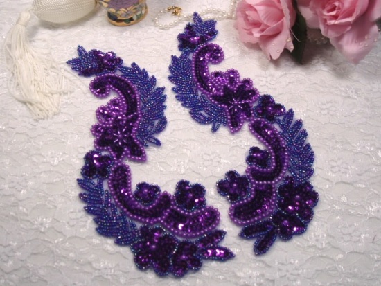 Purple 8"  Mirror Pair Sequin Beaded Appliques 0180