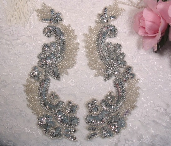 Silver  8"  Mirror Pair Sequin Beaded Appliques 0180