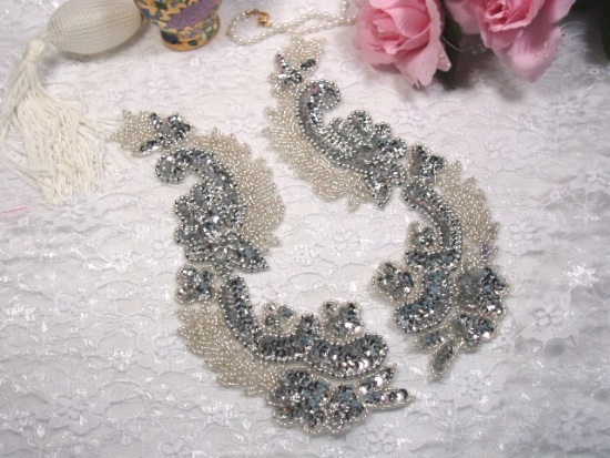 Silver  8"  Mirror Pair Sequin Beaded Appliques 0180