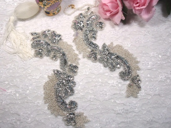 Silver  8"  Mirror Pair Sequin Beaded Appliques 0180