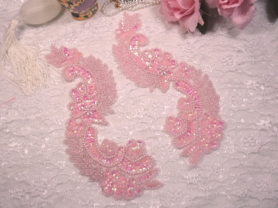 Pink Crystal AB  8"  Mirror Pair Sequin Beaded Appliques 0180