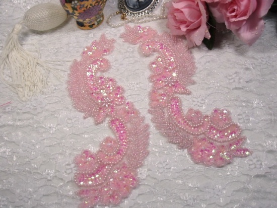 Pink Crystal AB  8"  Mirror Pair Sequin Beaded Appliques 0180