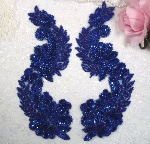 Royal Blue 8"  Mirror Pair Sequin Beaded Appliques 0180