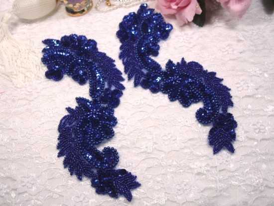 Royal Blue 8"  Mirror Pair Sequin Beaded Appliques 0180