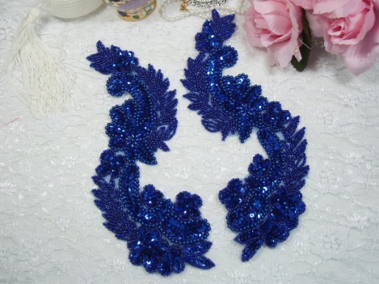 Royal Blue 8"  Mirror Pair Sequin Beaded Appliques 0180
