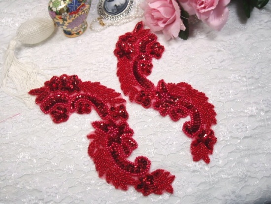 Red  8"  Mirror Pair Sequin Beaded Appliques 0180