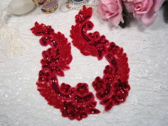 Red  8"  Mirror Pair Sequin Beaded Appliques 0180