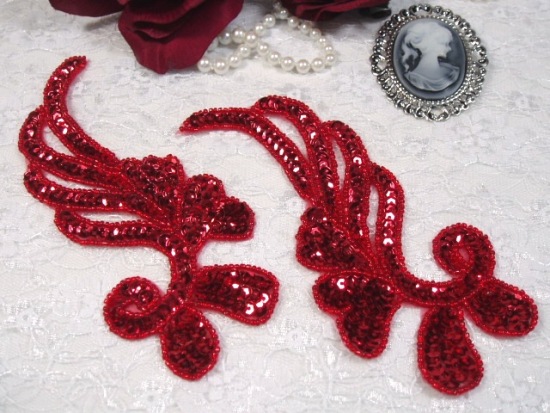 0182 Red Mirror Pair Sequin Beaded Appliques 6"