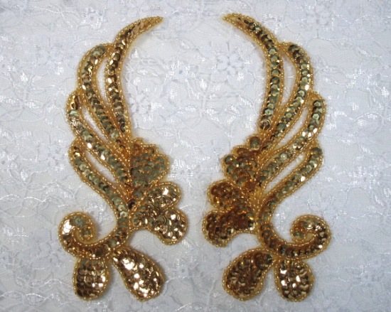 0182 Gold Mirror Pair Sequin Beaded Appliques 6"