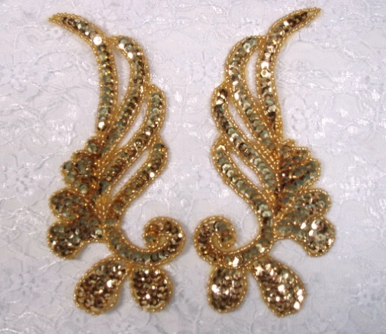 0182 Gold Mirror Pair Sequin Beaded Appliques 6"