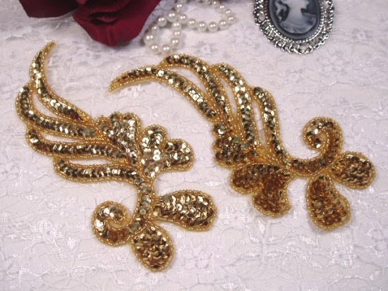 0182 Gold Mirror Pair Sequin Beaded Appliques 6"