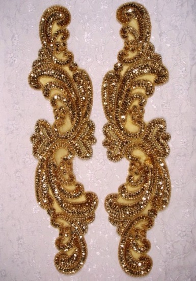 Gold 14.75" Mirror Pair Sequin Beaded Appliques 0193