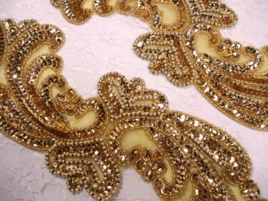 Gold 14.75" Mirror Pair Sequin Beaded Appliques 0193