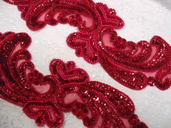 0193 Red 14.75" Mirror Pair Sequin Beaded Appliques