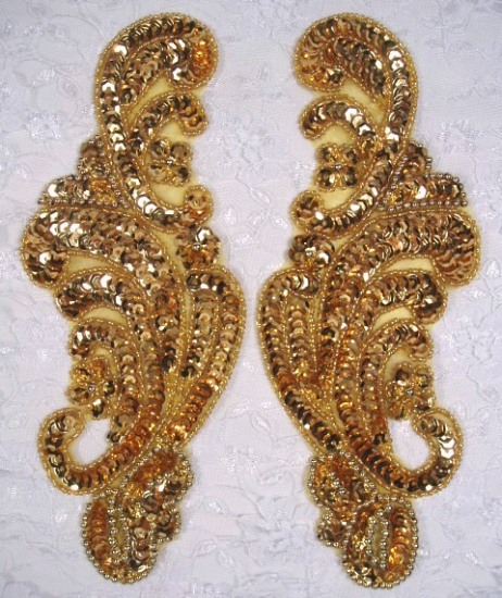 Gold Mirror Pair 8"  Beaded Sequin Appliques 0207