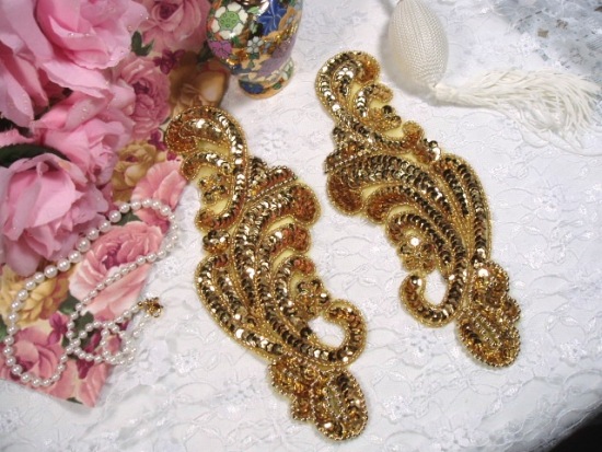 Gold Mirror Pair 8"  Beaded Sequin Appliques 0207