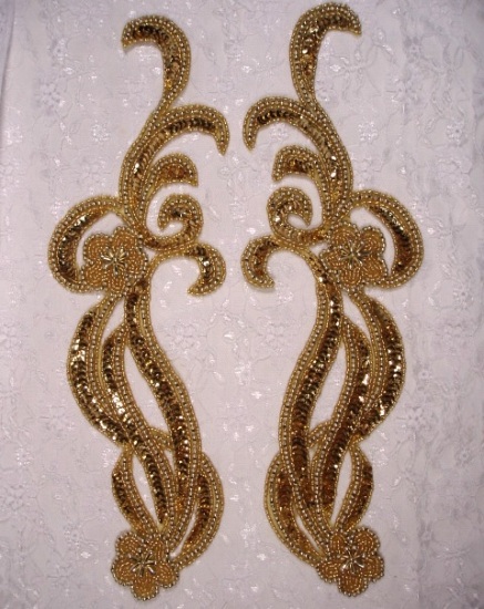 Gold 13.5" Mirror Pair Sequin Beaded Appliques 0200