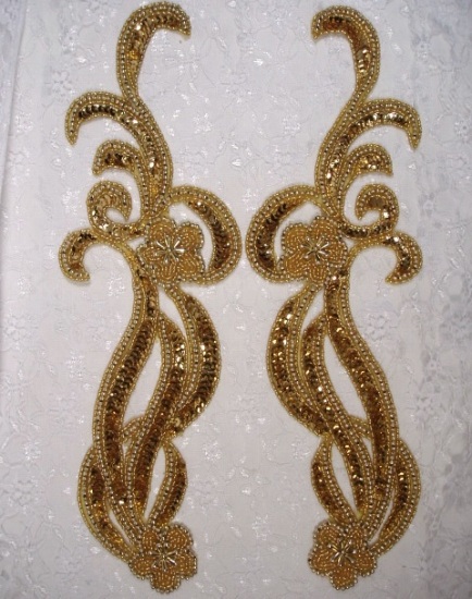 Gold 13.5" Mirror Pair Sequin Beaded Appliques 0200