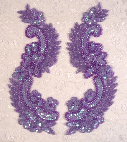 Lavender 8"  Mirror Pair Sequin Beaded Appliques 0180