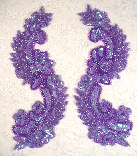Lavender 8"  Mirror Pair Sequin Beaded Appliques 0180