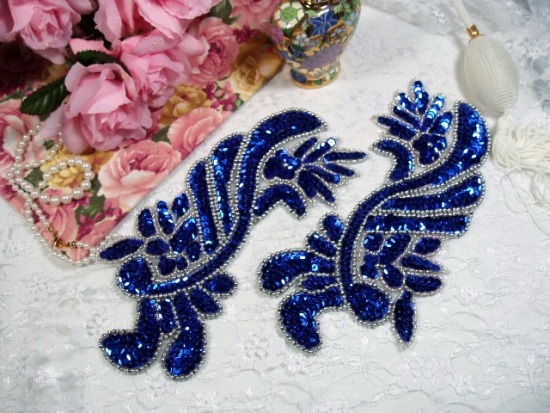 Blue Silver Mirror Pair Sequin Beaded Appliques 0201