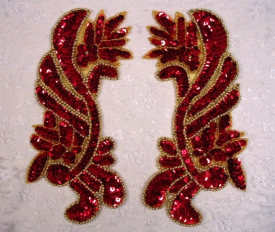 Red Gold Mirror Pair Sequin Beaded Appliques 0201