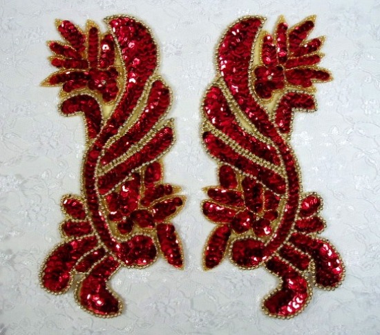 Red Gold Mirror Pair Sequin Beaded Appliques 0201