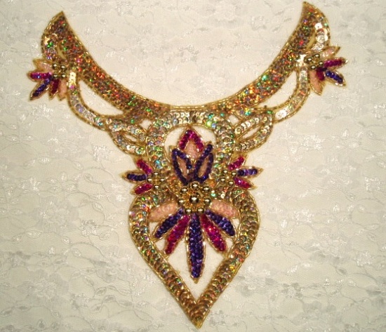Gold Fucshia Purple Bodice Sequin Beaded Appliques 0206