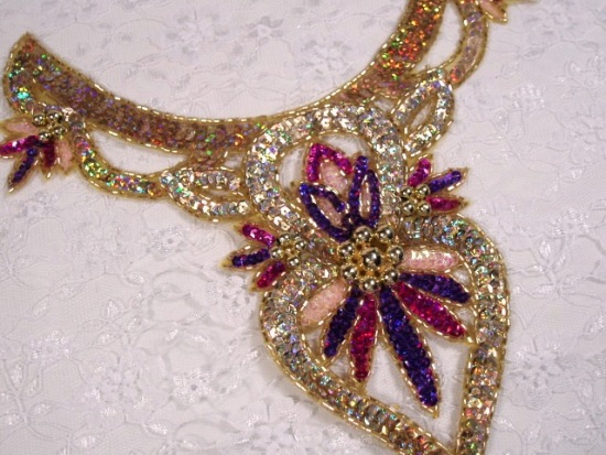 Gold Fucshia Purple Bodice Sequin Beaded Appliques 0206