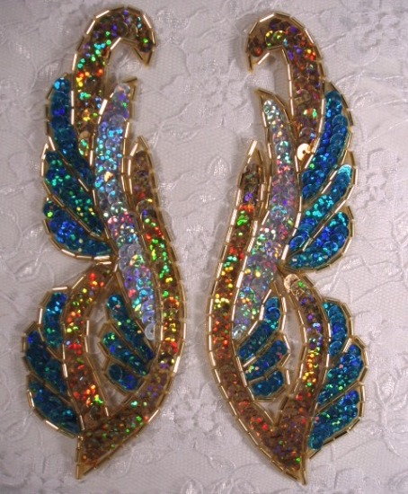 0033 Turquoise Gold Silver Mirror Pair 6"  Sequin Beaded Appliques
